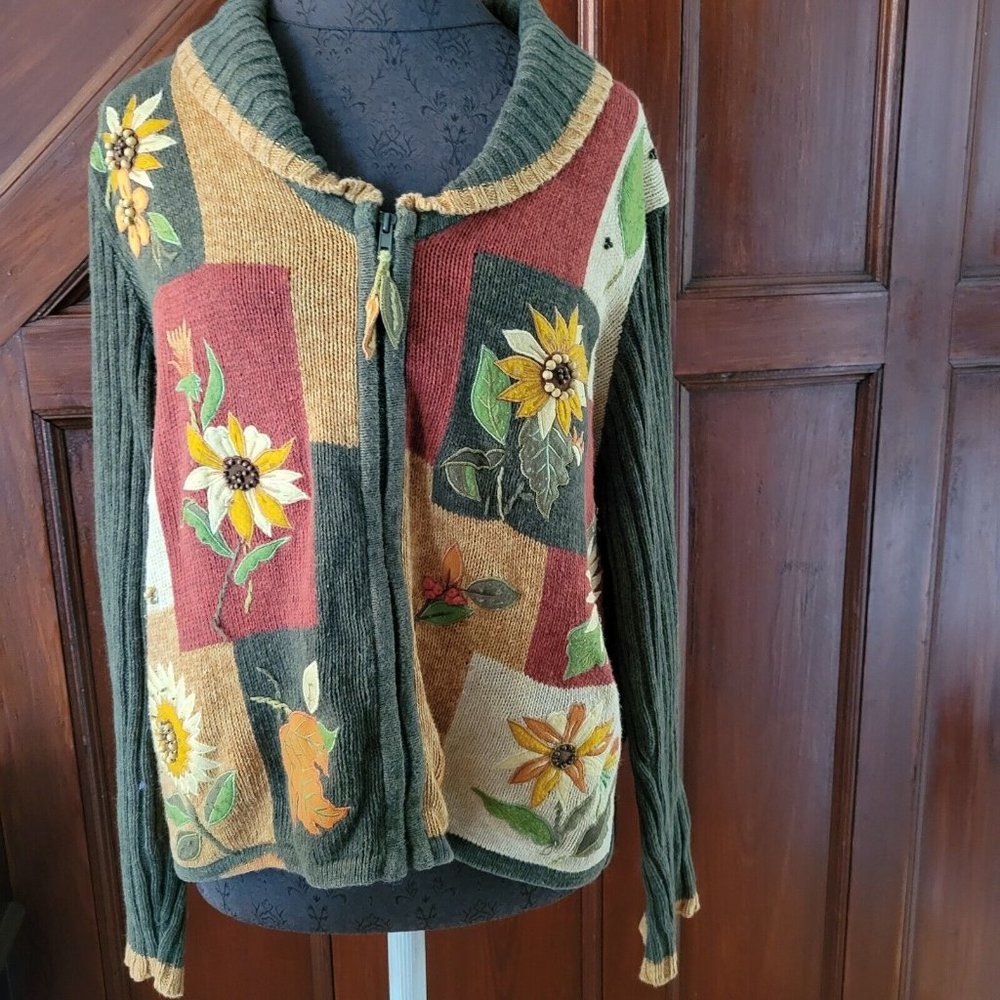 TIARA INTERNATIONAL Fall Autumn Theme Sweater Cardigan Sunflowers Leaves Size XL